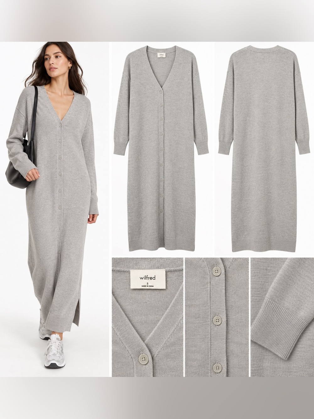 Wilfred Aritzia Grey 100% Merino Wool Maxi Cardigan Sweater Dress Size S